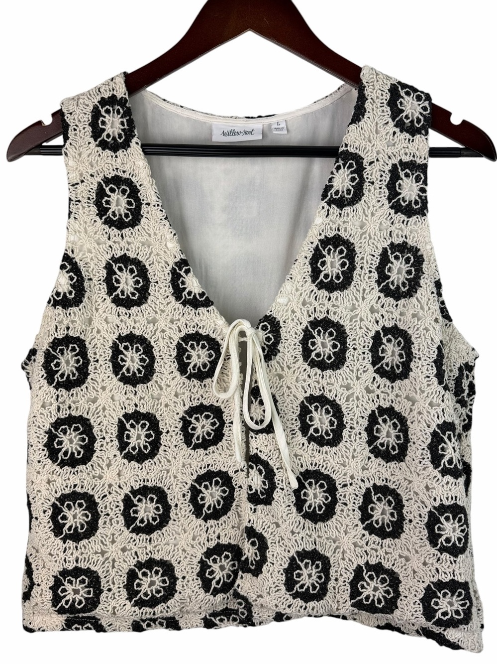 Willow + Root | Cream Black Crochet Tie Front Vest Top